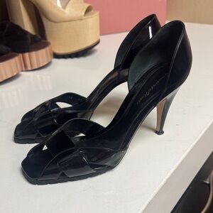 Gianvito Rossi Black Patent Leather Square Peep Toe Heeled Sandals Size 40 US 9